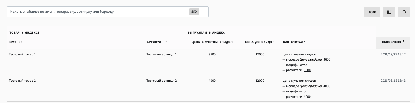 Таблица цен